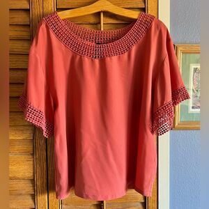 Willi Smith Boho Cottagecore Coral Top with Crochet Details